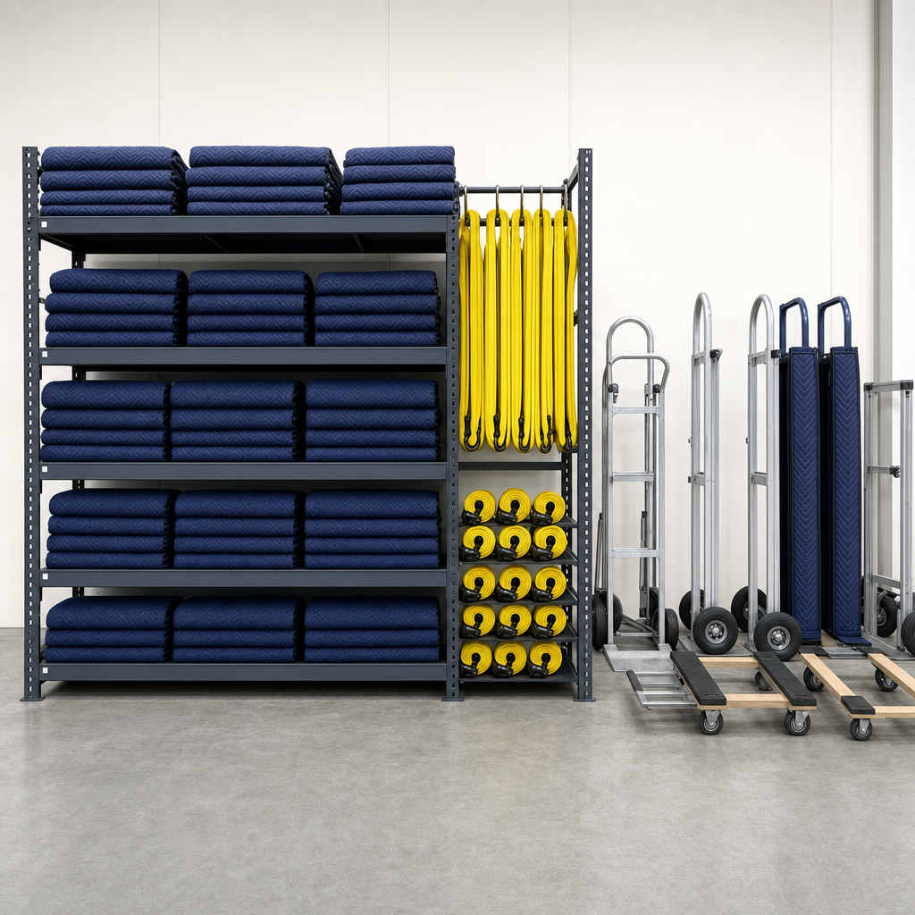 An organized warehouse rack of folded navy quilted moving blankets stacked beside lifting straps, hand trucks, and appliance dollies