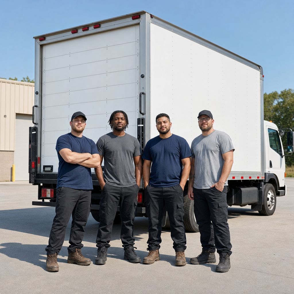 Four uniformed San Bernardino movers standing relaxed in front of a clean white commercial box truck at the depot