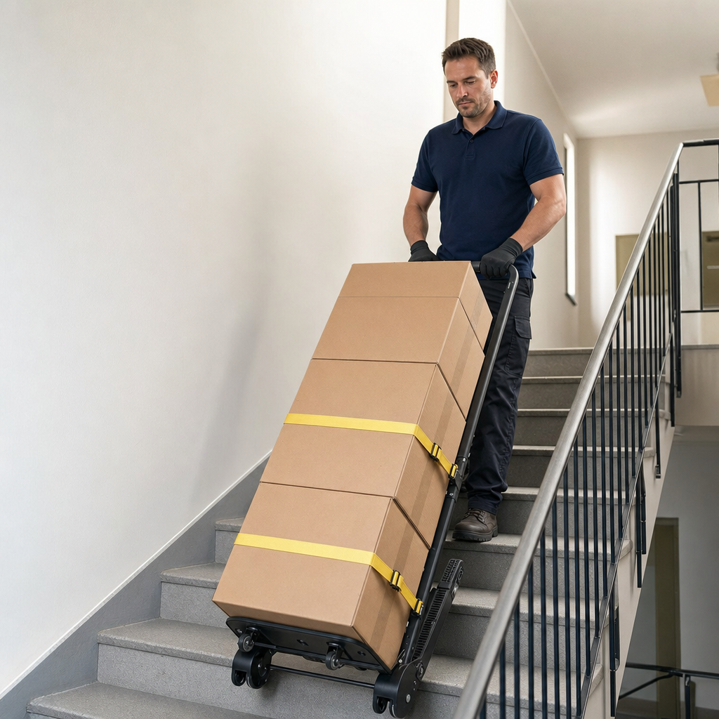 Uniformed mover taking a strapped stack of moving boxes down an apartment building stairwell with a heavy-duty hand truck