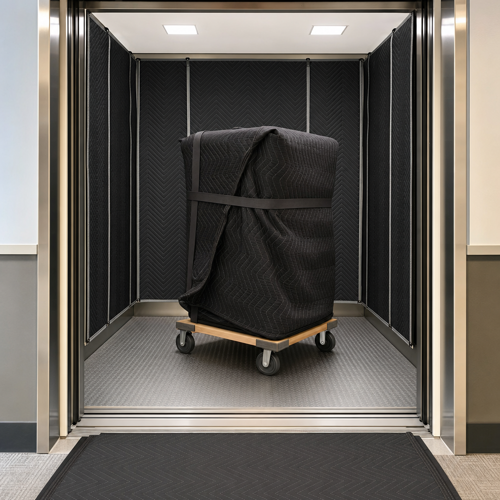 Padded service elevator interior with protective elevator pads hung on the walls and a loaded four-wheel furniture dolly inside