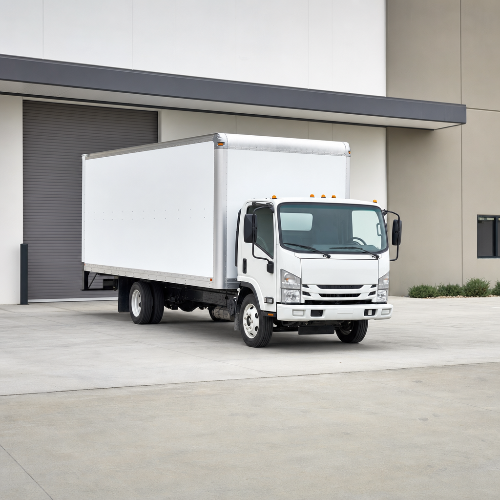 A clean white commercial moving box truck parked at a depot entrance beside a plain building, aluminum loading ramp folded up
