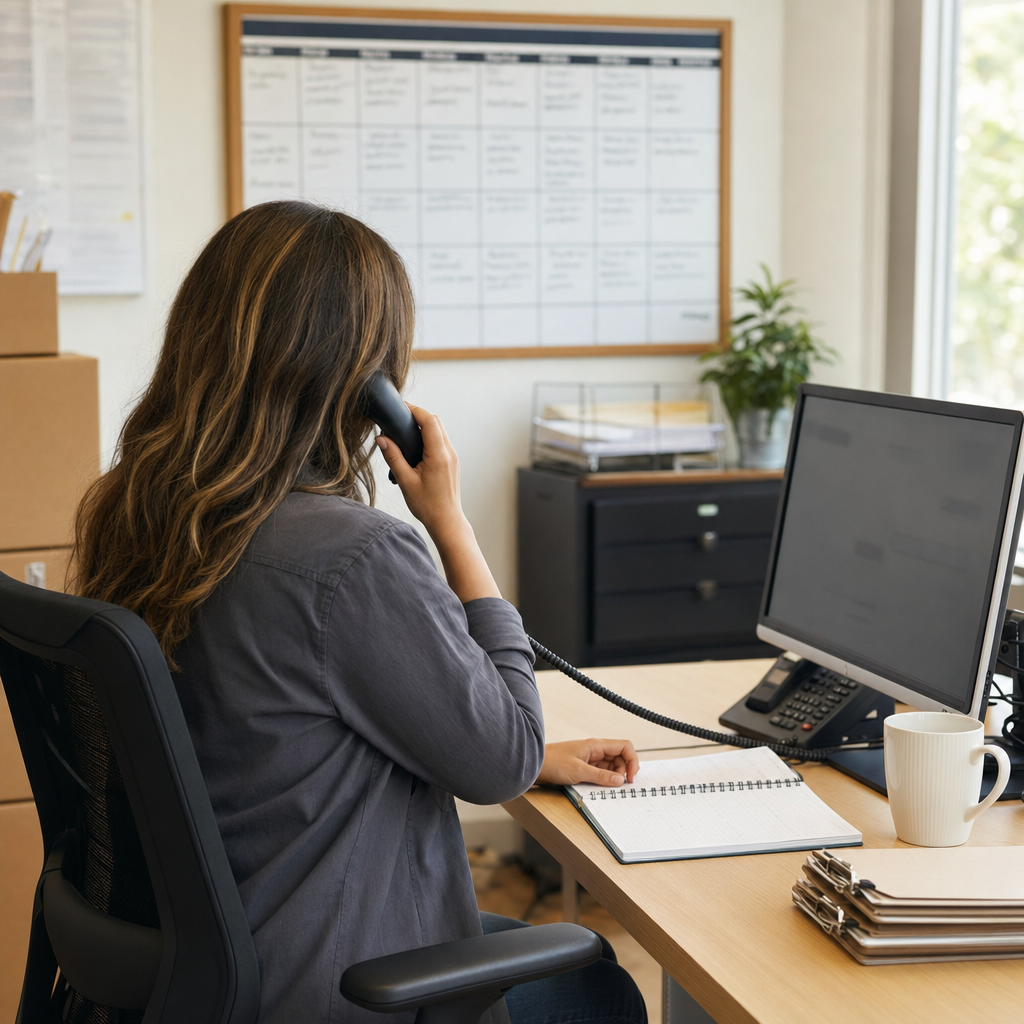 A moving company dispatcher at a clean office front desk taking a phone call, a wall-mounted schedule board behind her