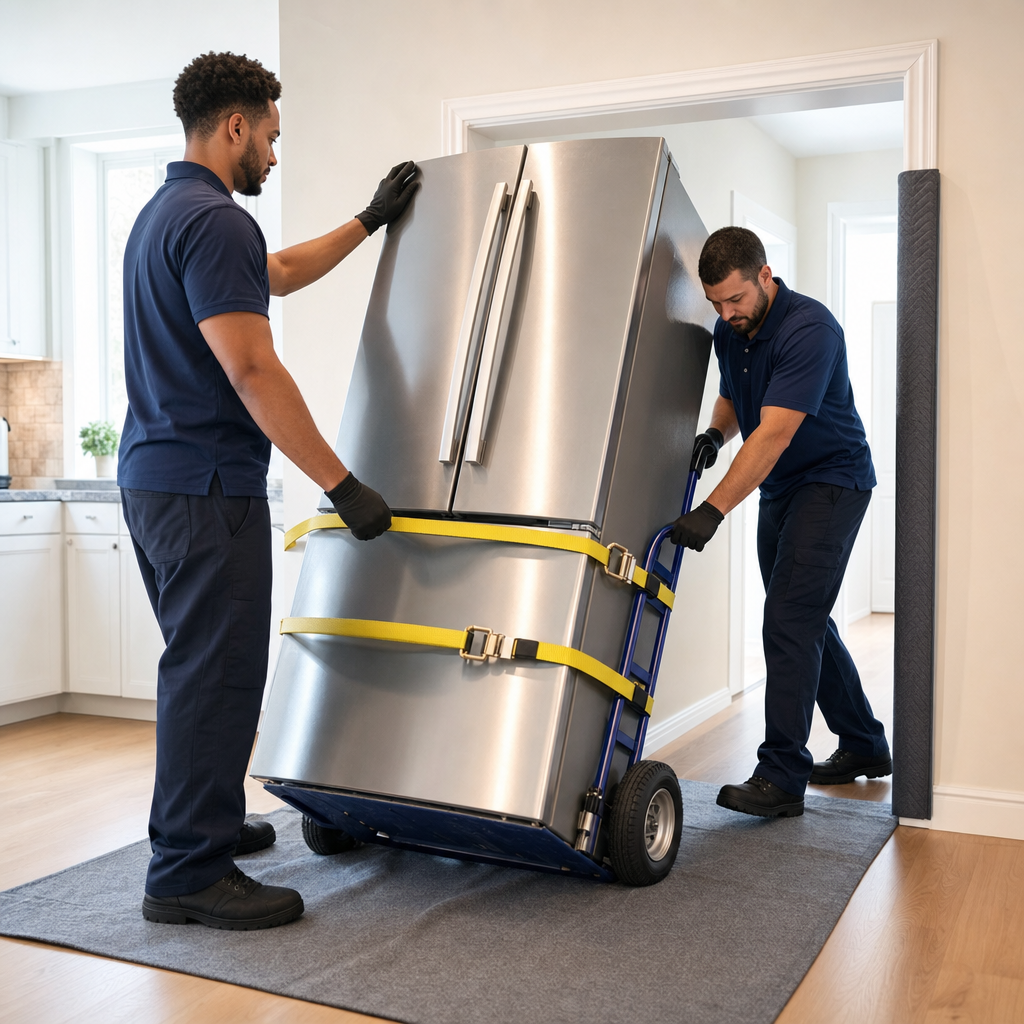Two uniformed San Bernardino movers tilting a refrigerator onto an appliance dolly with straps in a kitchen doorway