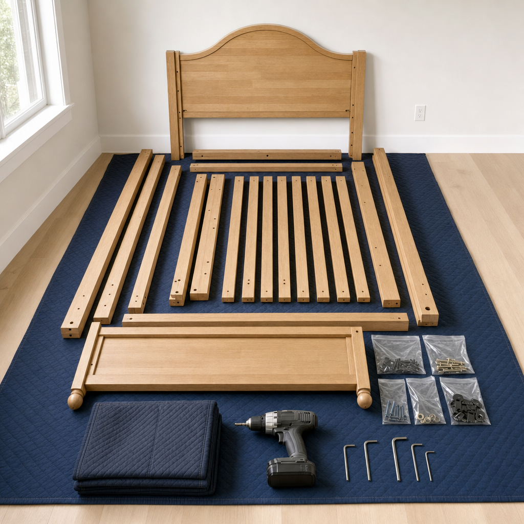 A disassembled bed frame with neatly laid-out hardware, frame sections, and folded furniture pads ready for reassembly in a bedroom