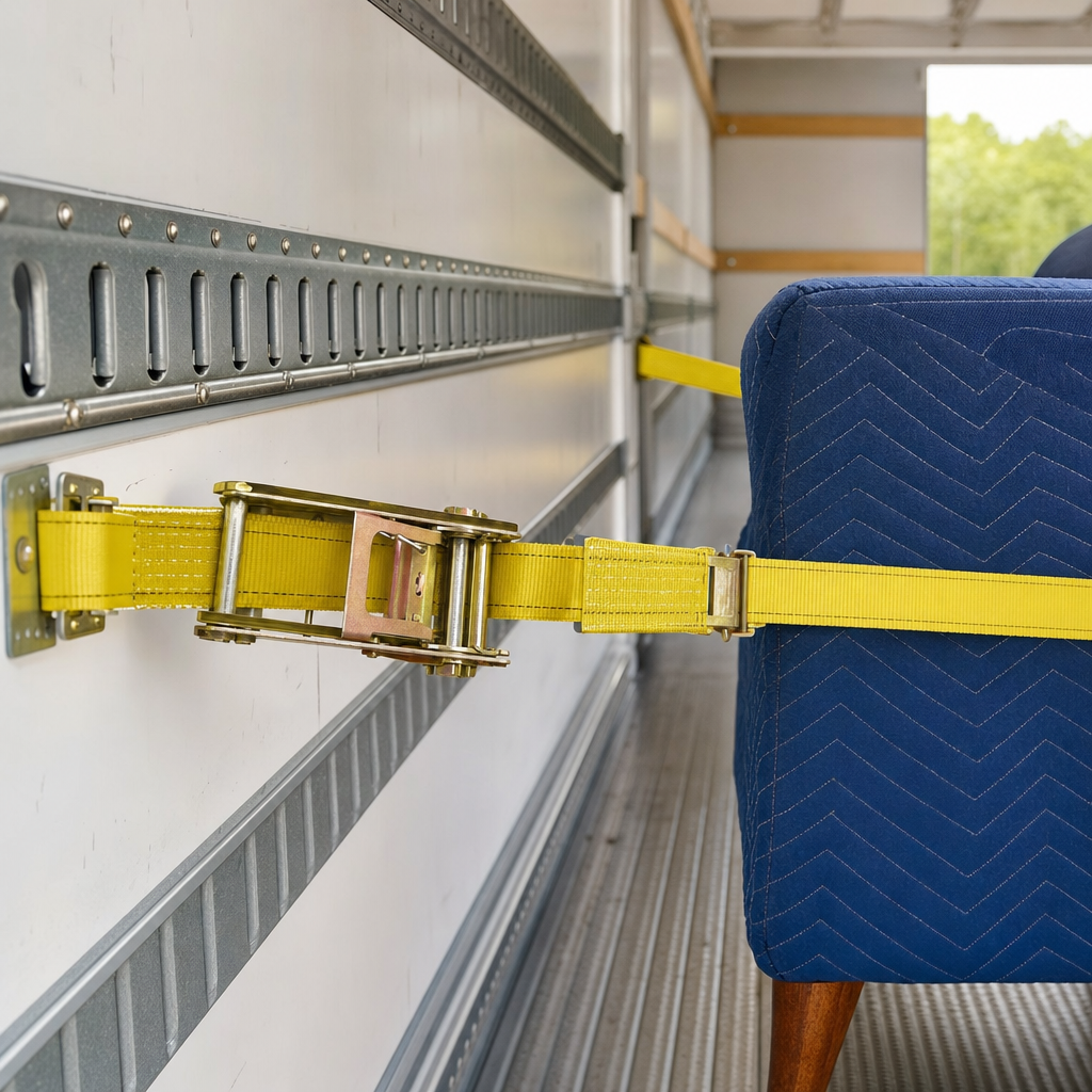 Close-up of hi-vis yellow lifting straps and e-track rails securing a quilted-blanket-wrapped armchair inside a rental truck interior