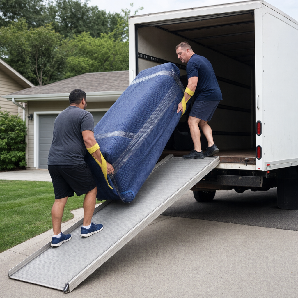 Two uniformed San Bernardino movers loading wrapped furniture into a rental box truck in a suburban driveway, using hi-vis yellow lifting straps and e-track securing