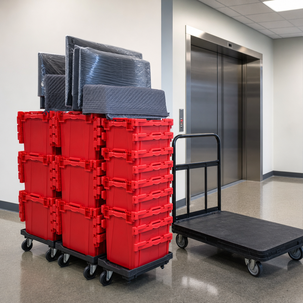 Stack of organized stackable plastic IT crates and labeled monitors staged in an office corridor by the freight elevator, ready for transport