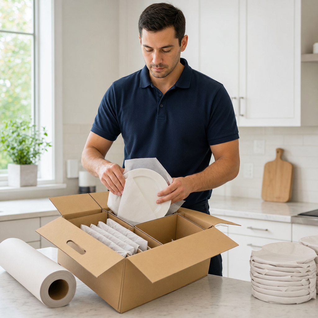 A uniformed professional packer wrapping a dinner plate in packing paper at a kitchen counter before placing it in a cell-divided dish box