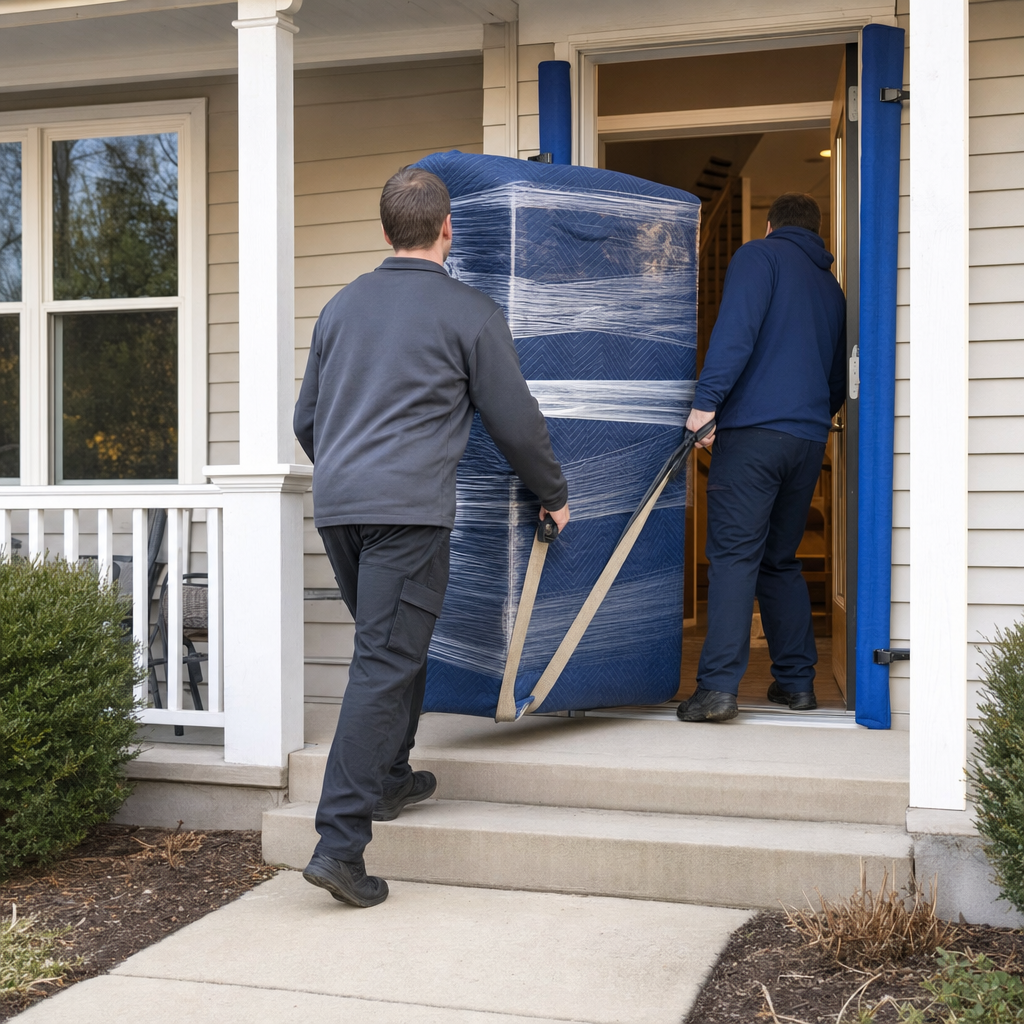 Two uniformed San Bernardino movers carrying a quilted-blanket-wrapped dresser through a home's front doorway with door-jamb protection in place