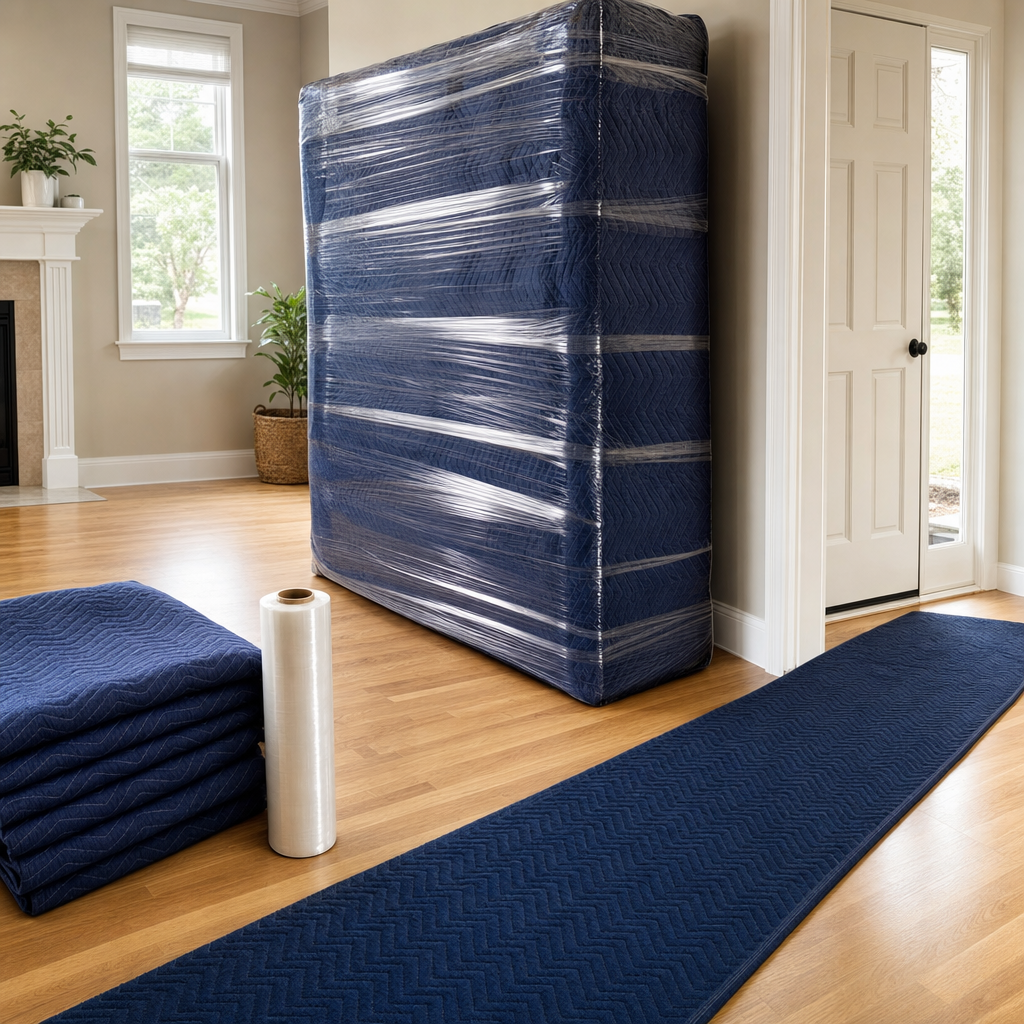 A living-room sofa wrapped in navy quilted moving blankets and shrink wrap staged beside a doorway with a floor runner laid down to protect the hardwood